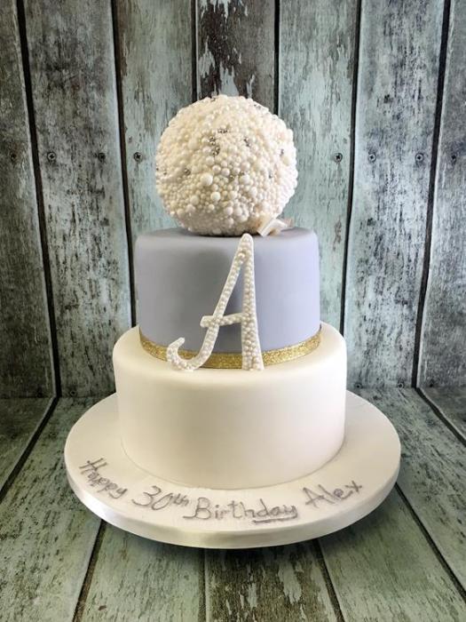 elegant silver and white cake with pearl ball birthday cake