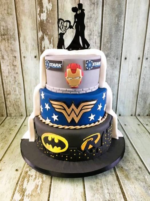 Super hero split wedding cake