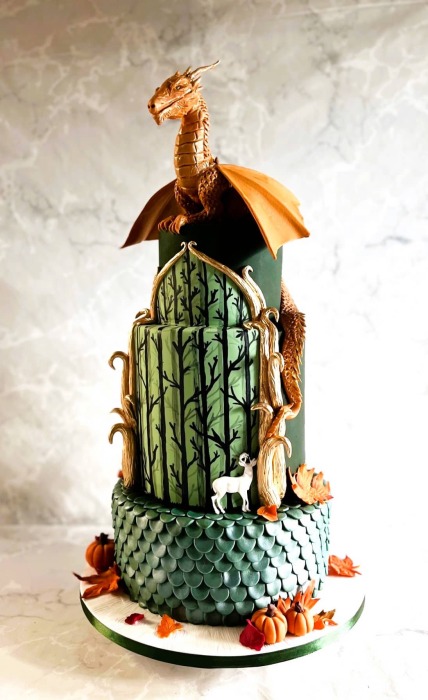 Magical  wedding cake with sugar Dragon and Autumn leaves