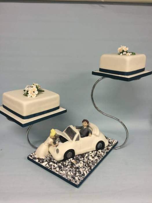 Wedding cake  on a stand 2x square and car cake