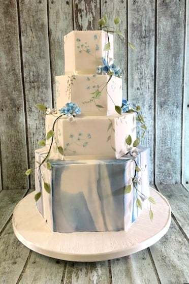Large-hex-marbl-steel-blue-with-hand-painting-and-vine-sugar-leafs