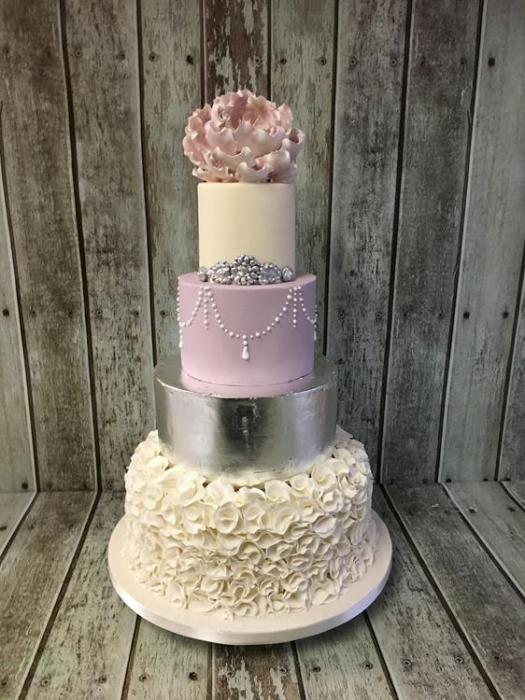 silver leaf and extra large peony rose wedding cake
